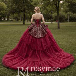 Burgundy Sequin Quinceañera Dress with 3D Bow Peplum & Tiered Ruffle Tulle Train