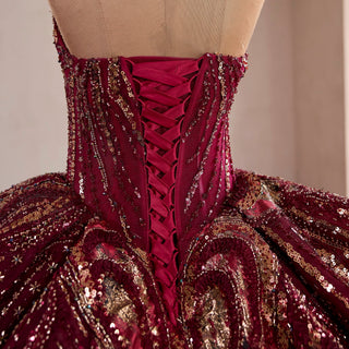 Burgundy Sequin Quinceañera Dress with 3D Bow Peplum & Tiered Ruffle Tulle Train
