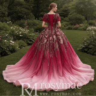 Burgundy-to-Pink Quinceanera Dress with Heavy Baroque Beading and Lace-Up Corset Back - Rosymae