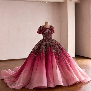 Burgundy-to-Pink Quinceanera Dress with Heavy Baroque Beading and Lace-Up Corset Back - Rosymae