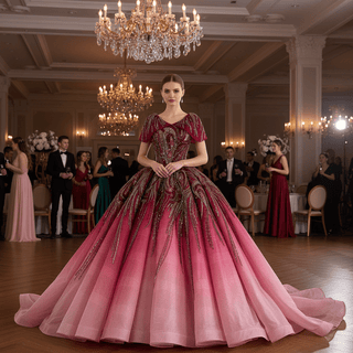 Burgundy-to-Pink Quinceanera Dress with Heavy Baroque Beading and Lace-Up Corset Back - Rosymae