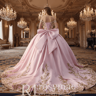 Candy Pink Quinceañera Ball Gown with Gold Lace Appliqués and Back Bow - Rosymae