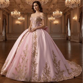 Candy Pink Quinceañera Ball Gown with Gold Lace Appliqués and Back Bow - Rosymae