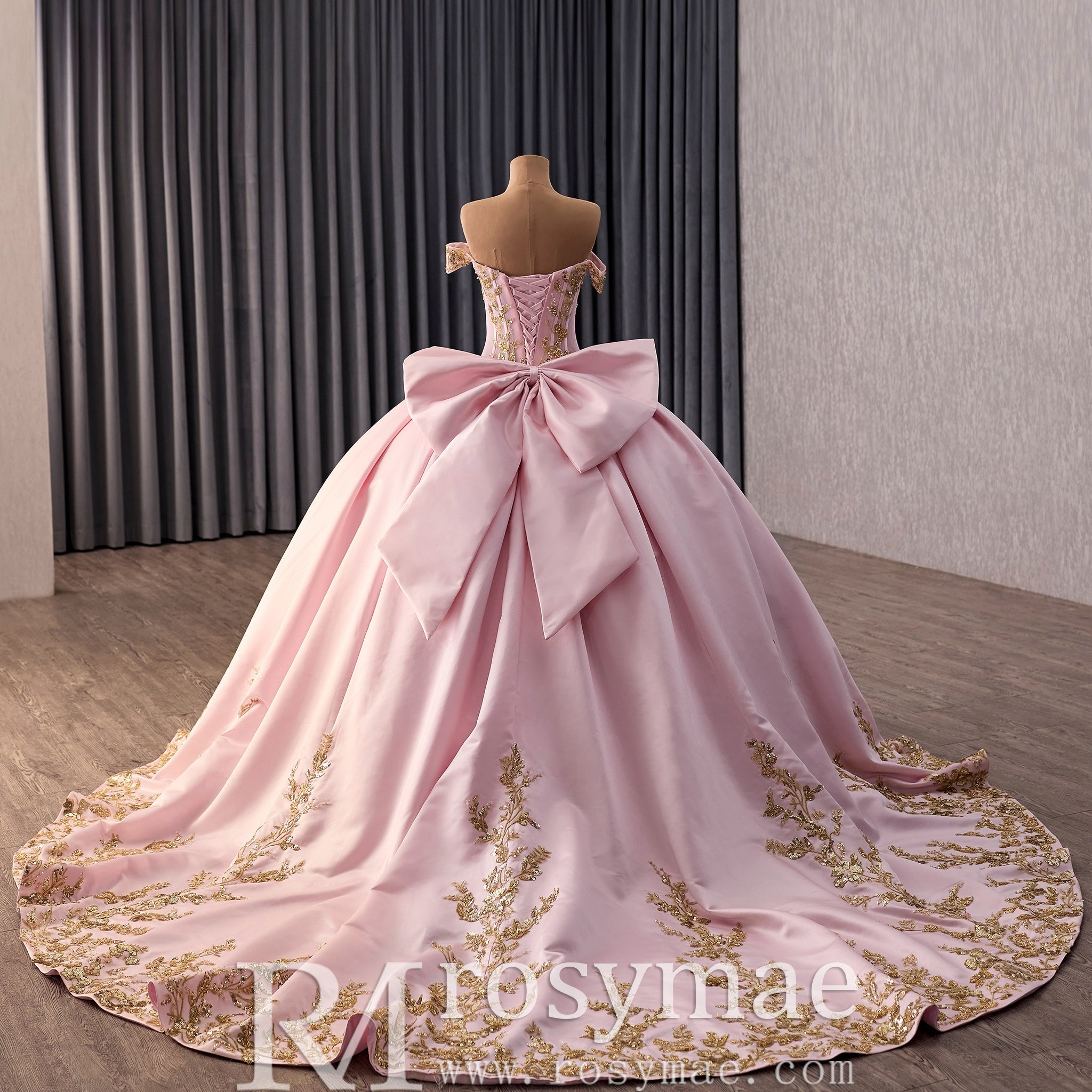 Candy Pink Quinceañera Ball Gown with Gold Lace Appliqués and Back Bow