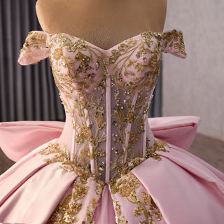 Candy Pink Quinceañera Ball Gown with Gold Lace Appliqués and Back Bow - Rosymae