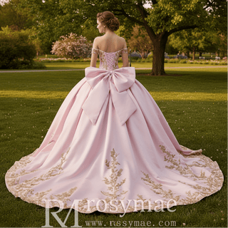 Candy Pink Quinceañera Ball Gown with Gold Lace Appliqués and Back Bow - Rosymae