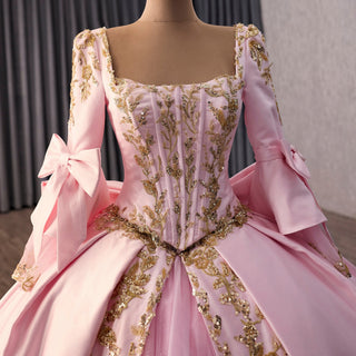 Candy Pink Quinceañera Ball Gown with Gold Lace Appliqués and Back Bow - Rosymae