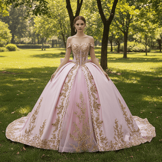 Candy Pink Quinceañera Ball Gown with Gold Lace Appliqués and Back Bow - Rosymae