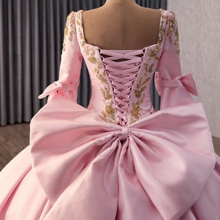 Candy Pink Quinceañera Ball Gown with Gold Lace Appliqués and Back Bow - Rosymae