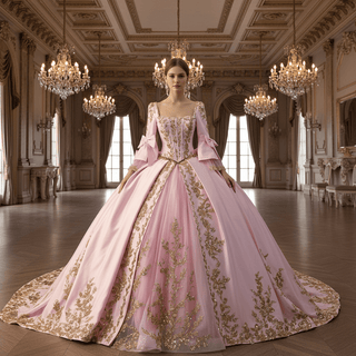 Candy Pink Quinceañera Ball Gown with Gold Lace Appliqués and Back Bow - Rosymae