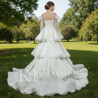 Cap Illusion Sheer Long Sleeves Wedding Dresses with Multi Layer