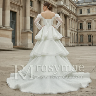 Cap Illusion Sheer Long Sleeves Wedding Dresses with Multi Layer