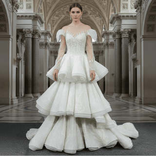 Cap Illusion Sheer Long Sleeves Wedding Dresses with Multi Layer - Rosymae