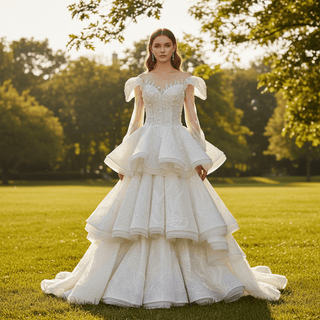 Cap Illusion Sheer Long Sleeves Wedding Dresses with Multi Layer - Rosymae