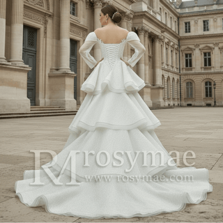 Cap Illusion Sheer Long Sleeves Wedding Dresses with Multi Layer - Rosymae