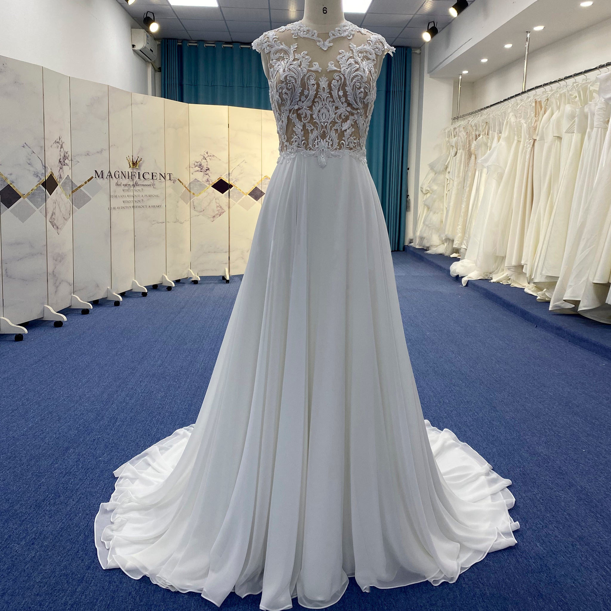 Princess Sheer Bodice A-Line Chiffon Wedding Dress with High Neck Ivory / 6 Princess Sheer Bodice A-Line Chiffon Wedding Dress with High Neck Ivory / 6