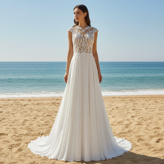 Princess Sheer Bodice A-line Chiffon Wedding Dress with High Neck