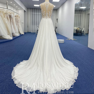 Princess Sheer Bodice A-line Chiffon Wedding Dress with High Neck