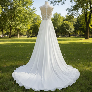 Princess Sheer Bodice A-line Chiffon Wedding Dress with High Neck