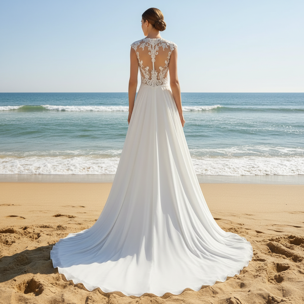 Princess Sheer Bodice A-line Chiffon Wedding Dress with High Neck Ivory / 6 Princess Sheer Bodice A-line Chiffon Wedding Dress with High Neck Ivory / 6