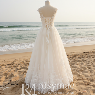 Robe de mariée trapèze classique vintage en tulle et dentelle avec mancherons