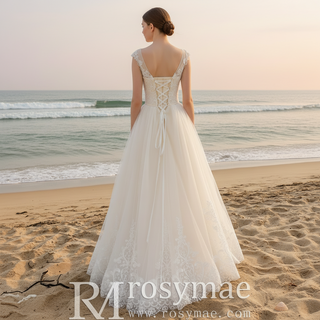 Vintage Classic A-line Tulle Lace Wedding Dress with Cap Sleeve