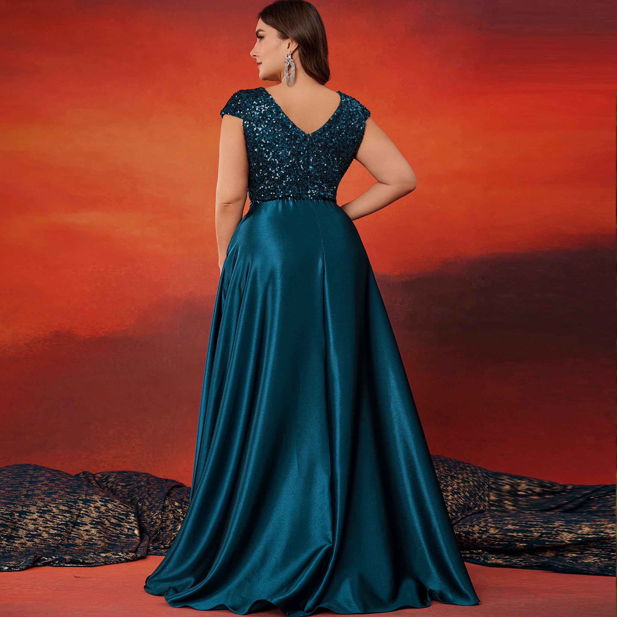 Women's Elegant Sequin Satin Prom Dress Evening Gown with Cap Sleeve Teal Blue / L Women's Elegant Sequin Satin Prom Dress Evening Gown with Cap Sleeve Teal Blue / L