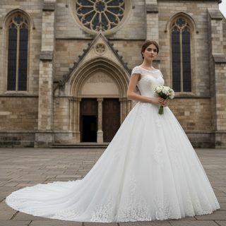 Robe de mariée à manches courtes et col rond avec trou de serrure