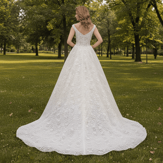 Cap Sleeve Double V A-line Lace Wedding Dress with Royal Train - Rosymae