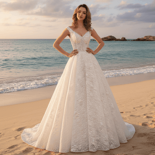 Cap Sleeve Double V A-line Lace Wedding Dress with Royal Train - Rosymae