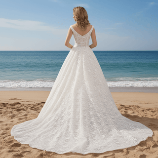 Cap Sleeve Double V A-line Lace Wedding Dress with Royal Train - Rosymae