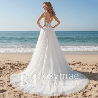 Cap Sleeve Floral Lace and Tulle A-line Wedding Dress Sheer Bodice - Rosymae