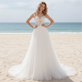 Cap Sleeve Floral Lace and Tulle A-line Wedding Dress Sheer Bodice - Rosymae