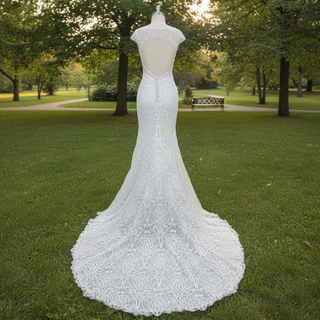 Allover Lace Cap Sleeve Mermaid Wedding Dress with Keyhole Back