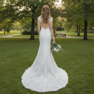 Allover Lace Cap Sleeve Mermaid Wedding Dress with Keyhole Back