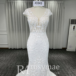 Allover Lace Cap Sleeve Mermaid Wedding Dress with Keyhole Back