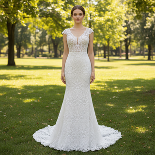 Allover Lace Cap Sleeve Mermaid Wedding Dress with Keyhole Back