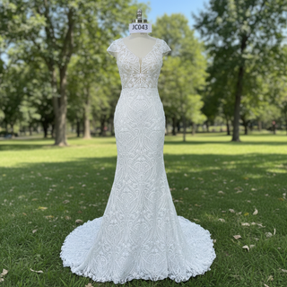 Allover Lace Cap Sleeve Mermaid Wedding Dress with Keyhole Back