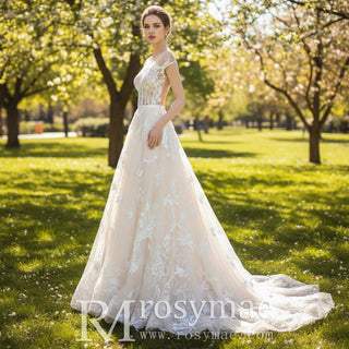 Cap Sleeve Long A-Line Wedding Dress Applique Elegant Tulle Bridal Gown - Rosymae