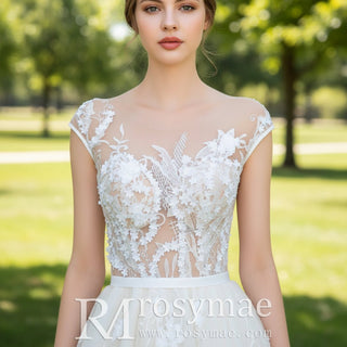 Cap Sleeve Long A-Line Wedding Dress Applique Elegant Tulle Bridal Gown - Rosymae