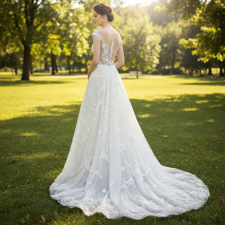 Cap Sleeve Long A-Line Wedding Dress Applique Elegant Tulle Bridal Gown - Rosymae