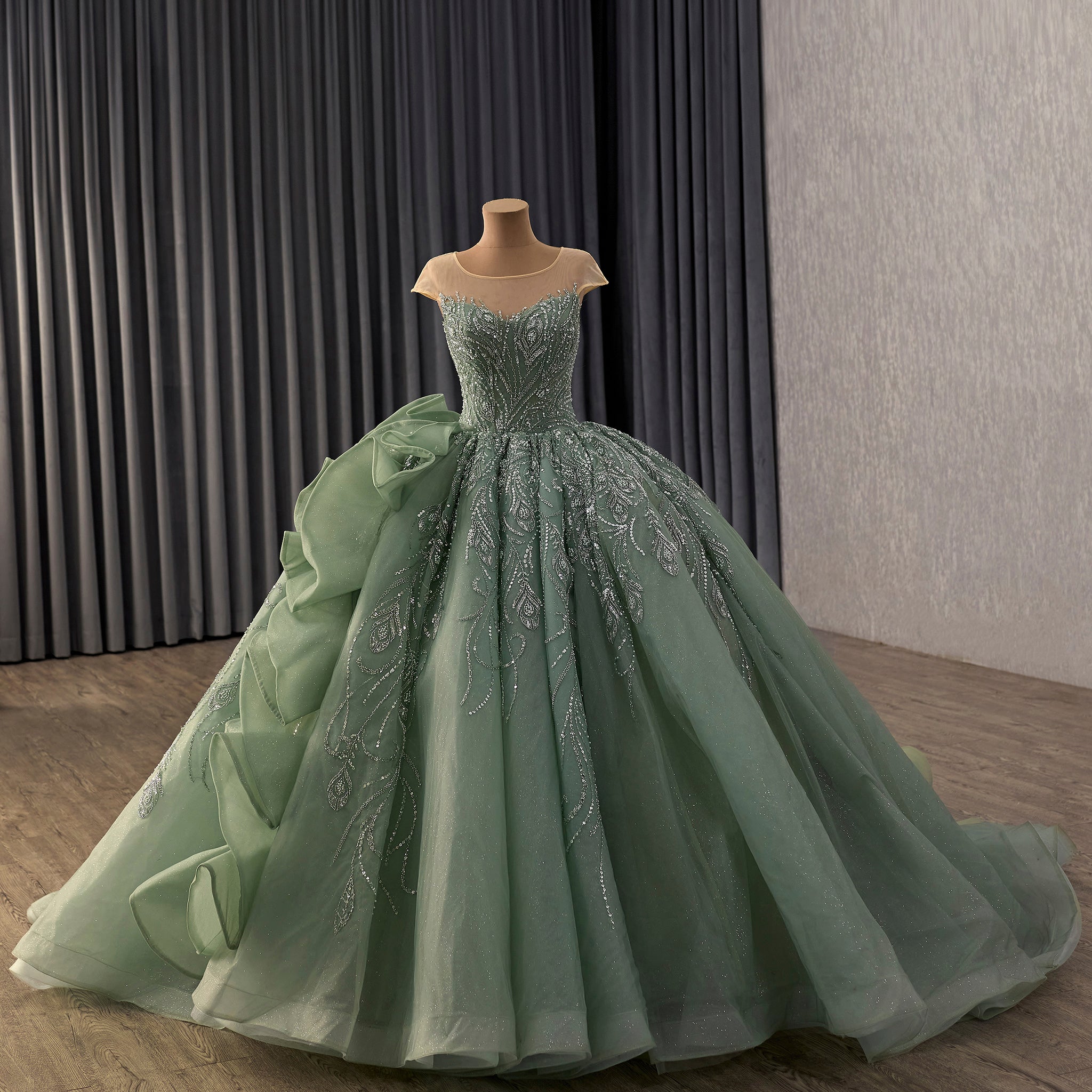 Cap Sleeve Quinceañera Dress with Voluminous Tulle Skirt and Sweep Train - Rosymae