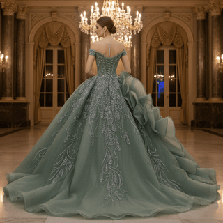 Cap Sleeve Quinceañera Dress with Voluminous Tulle Skirt and Sweep Train - Rosymae
