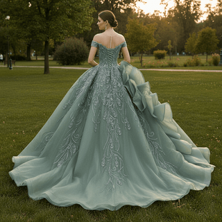 Cap Sleeve Quinceañera Dress with Voluminous Tulle Skirt and Sweep Train - Rosymae