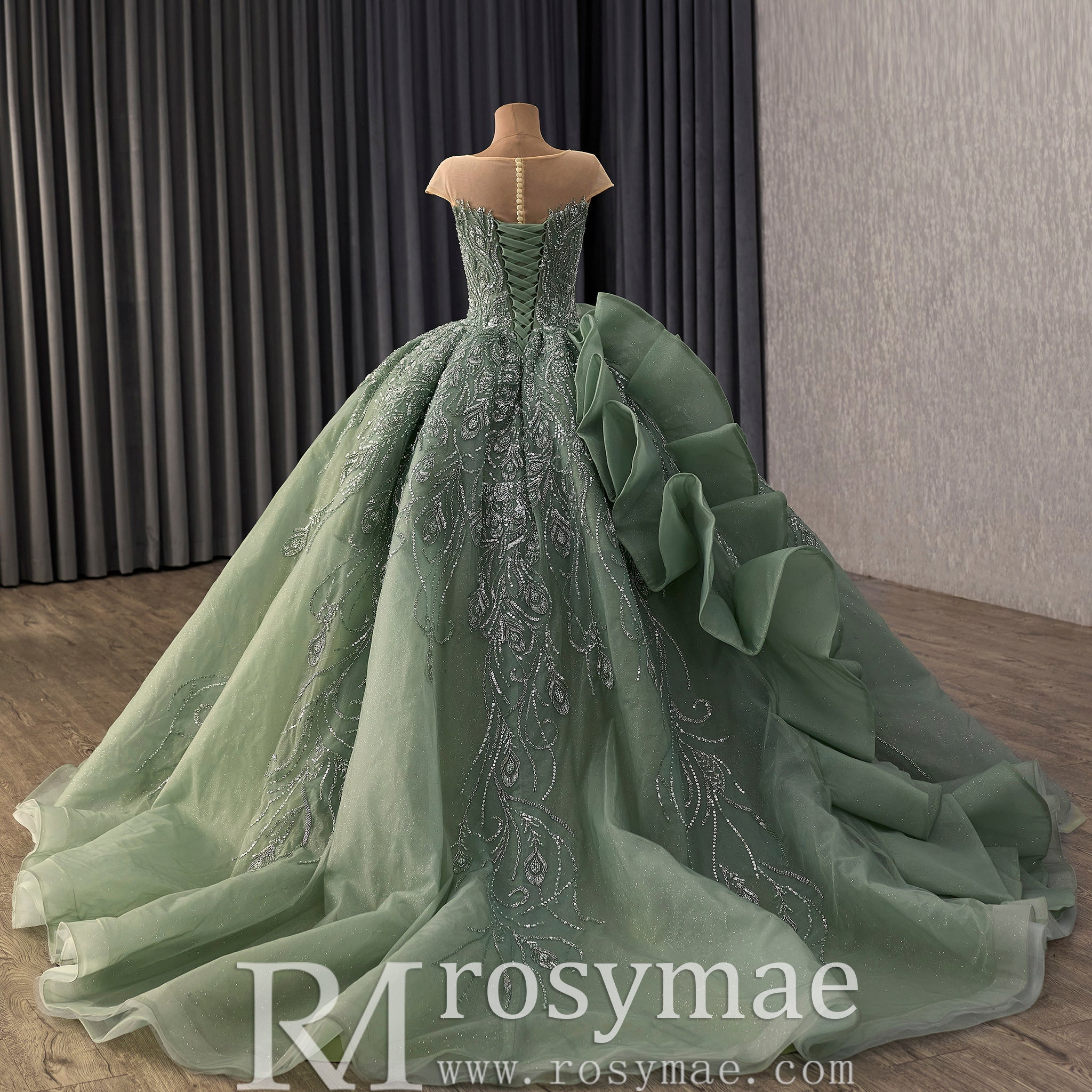 Cap Sleeve Quinceañera Dress with Voluminous Tulle Skirt and Sweep Train - Rosymae