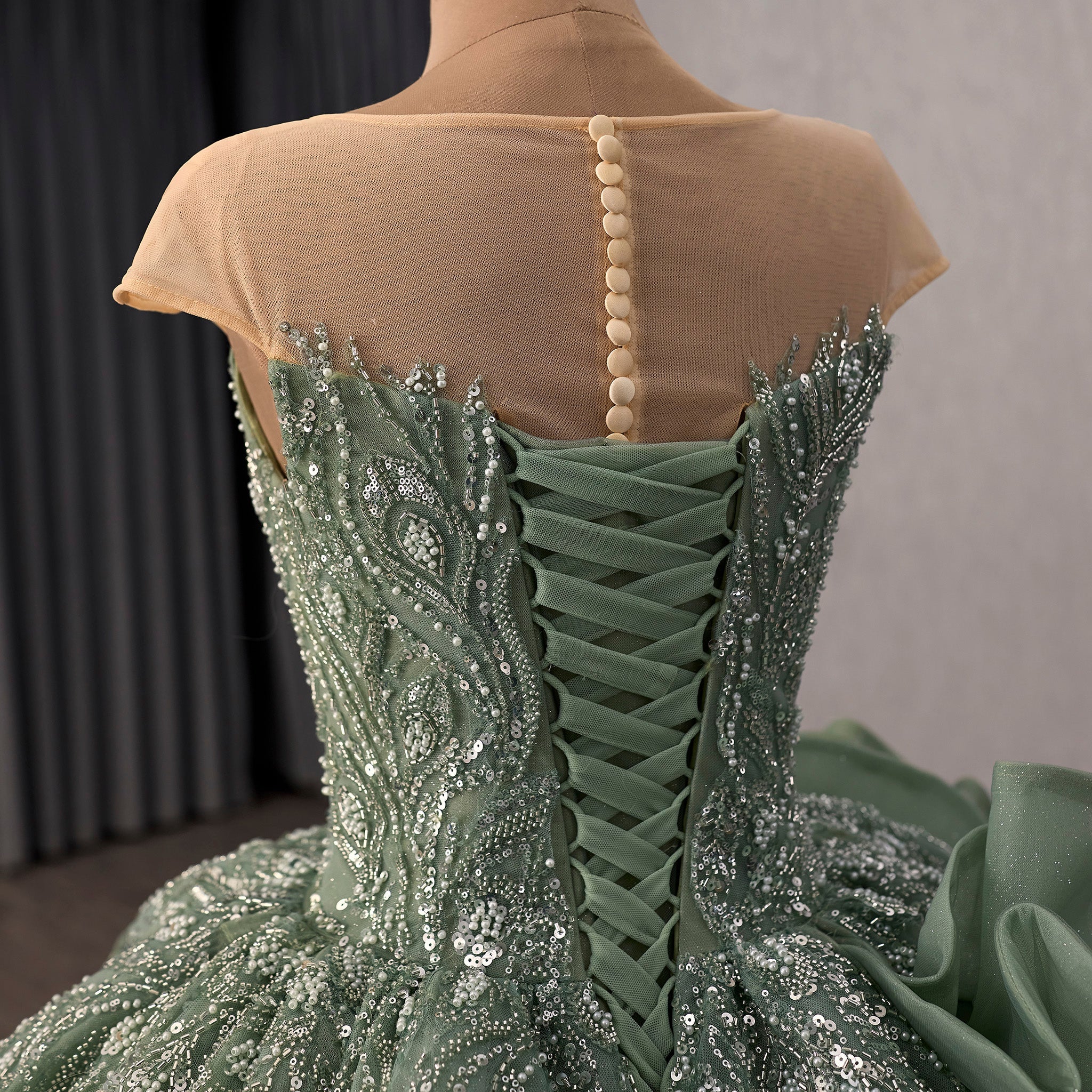Cap Sleeve Quinceañera Dress with Voluminous Tulle Skirt and Sweep Train - Rosymae