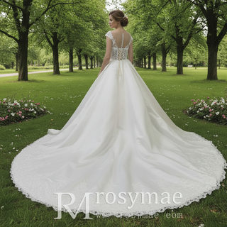 Sheer Bodice Capped Sleeve Satin Wedding Dresses with Lace