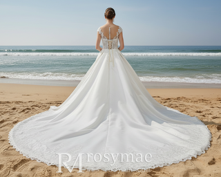 Sheer Bodice Capped Sleeve Satin Wedding Dresses with Lace