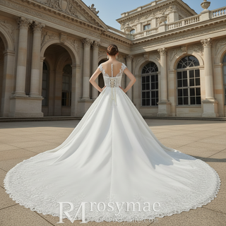 Sheer Bodice Capped Sleeve Satin Wedding Dresses with Lace