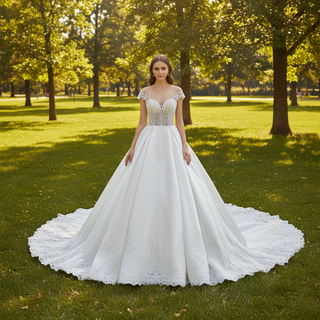 Sheer Bodice Capped Sleeve Satin Wedding Dresses with Lace